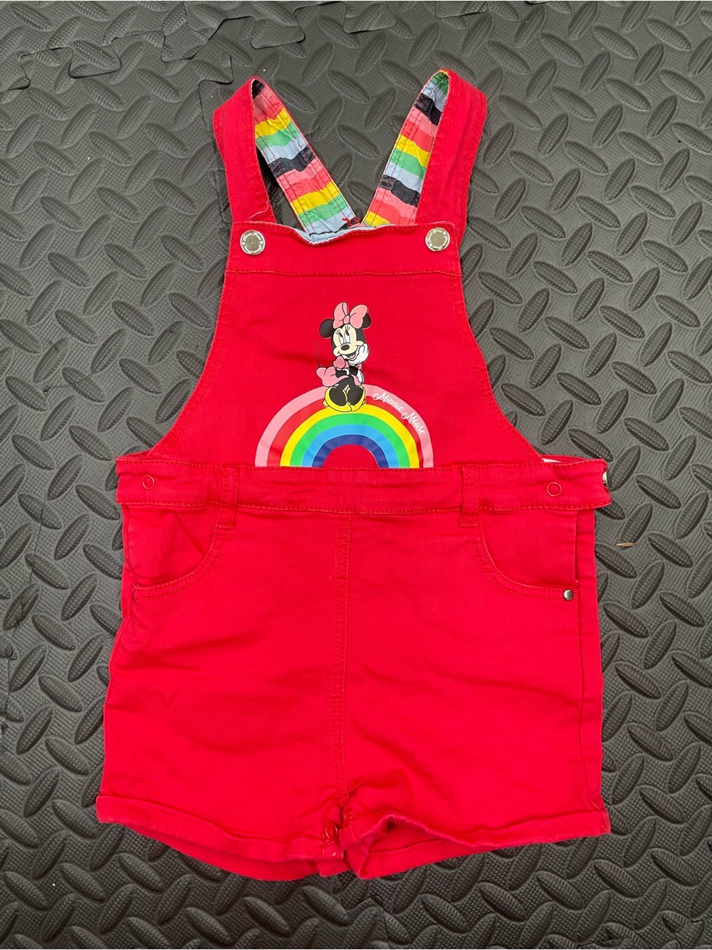 Disney Minnie Mouse Shortalls Snap Closure Girls 2T Red Rainbow RARE Find